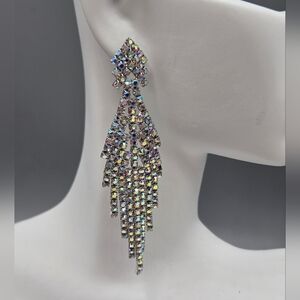 Swarovski Crystal Elements Silver Statement Earrings AB Crystals 3 inch Prom
